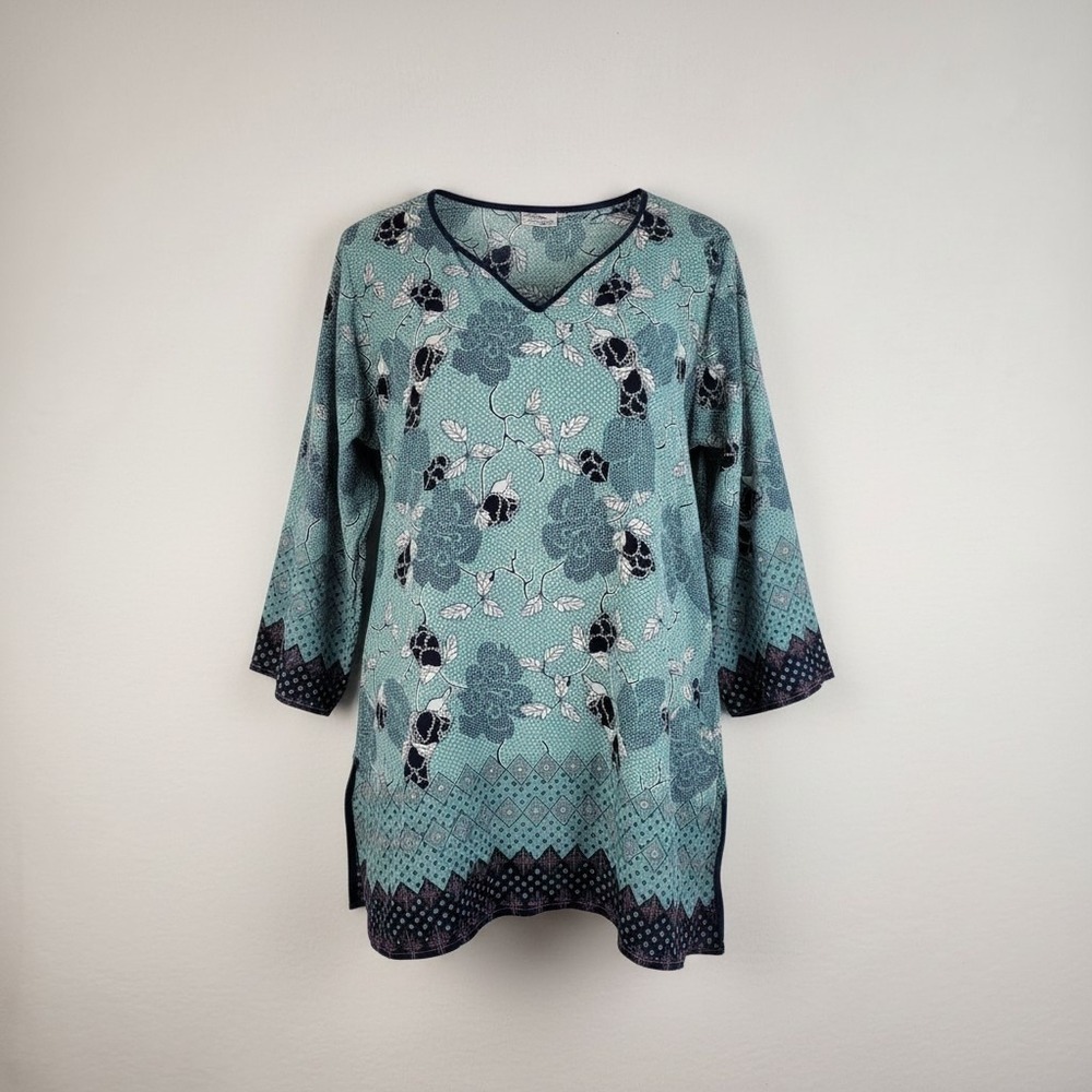 Alchemy Tunic Women XL Teal Floral Print 3/4 Sleeve Cotton V-Neck Boho Top